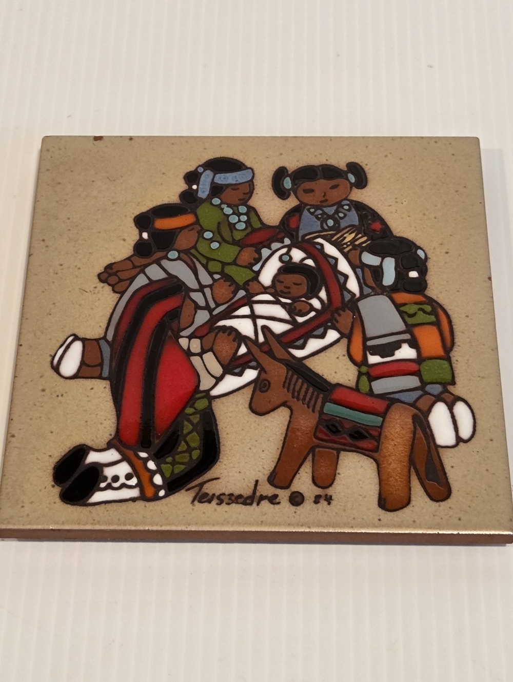 Cleo Teissedre SIGNED Native American Baby Southwestern Ceramic Tile Trivet 1984